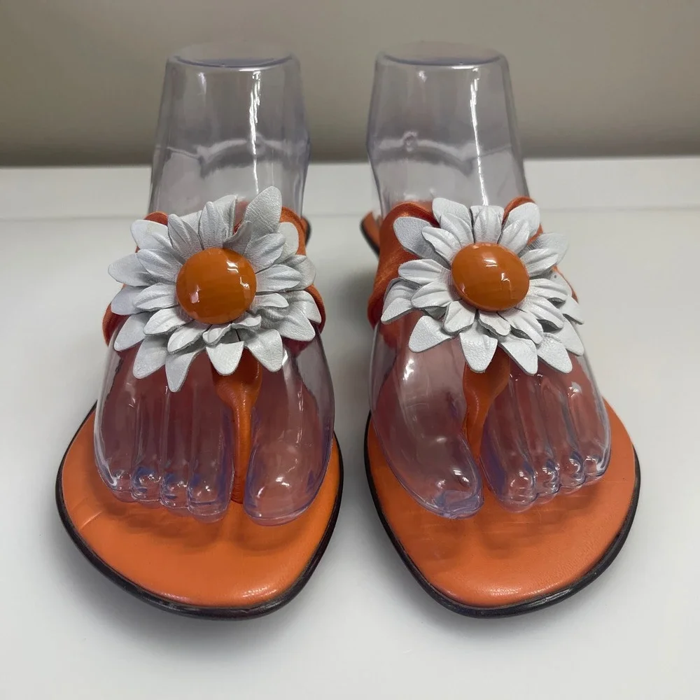 Italian Shoemakers Orange Floral Thong Sandals Wedge Heel Made in Italy Womens 8